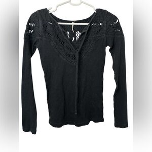 Free People LS Ribbed Black Crochet Shirt
